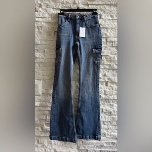 NWT Subdued Soft Flare Cargo Jeans ~ Sz 26 x 32 High Rise Stretch ~ Light Blue